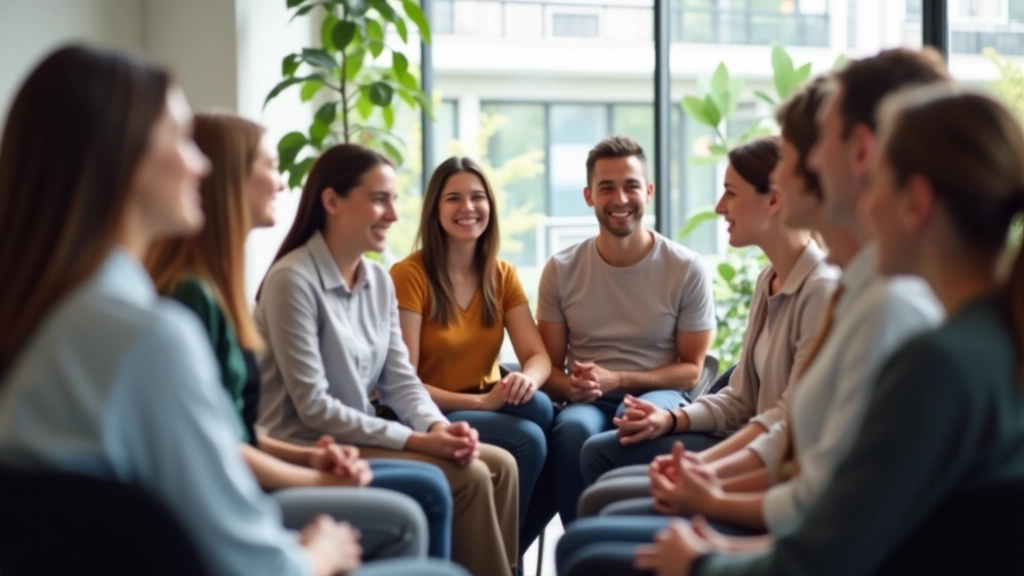 Grupo de pessoas em círculo com expressões positivas, durante uma atividade de grupo num ambiente acolhedor