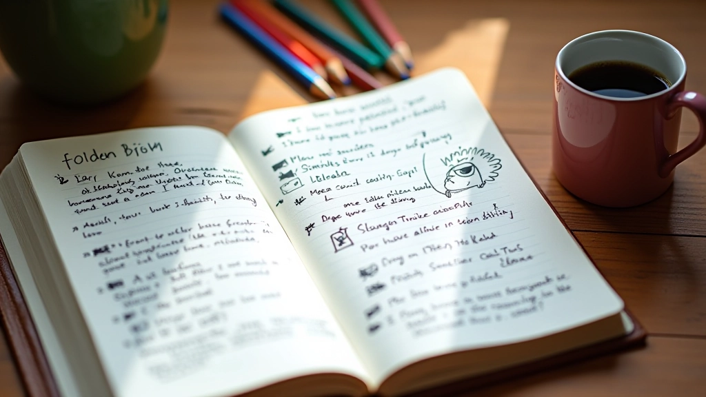 Caderno aberto com notas sobre emoções, lápis coloridos e xícara de café numa mesa de madeira