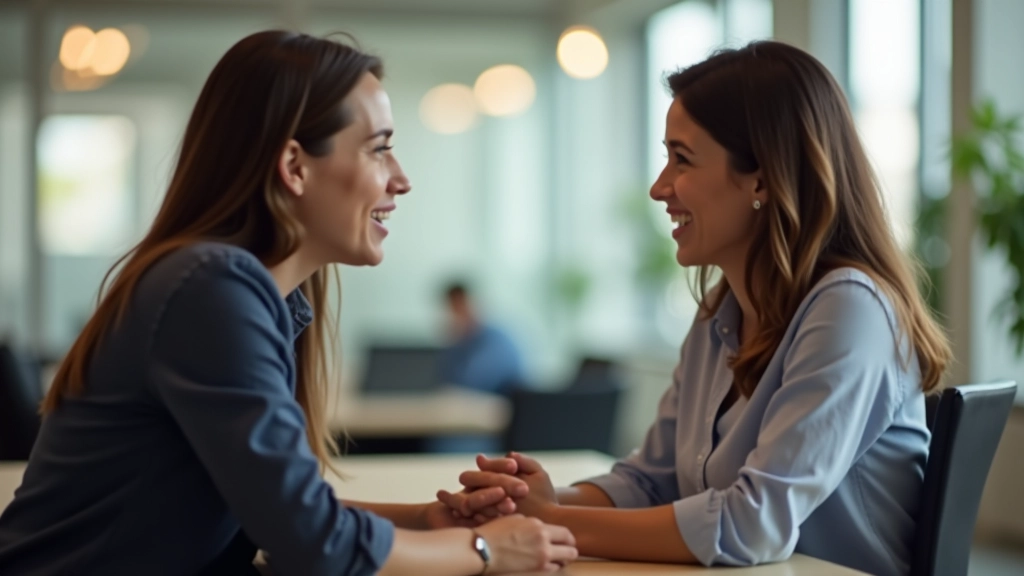 Duas pessoas conversando face a face numa sala bem iluminada, uma ouvindo atentamente a outra com expressão concentrada